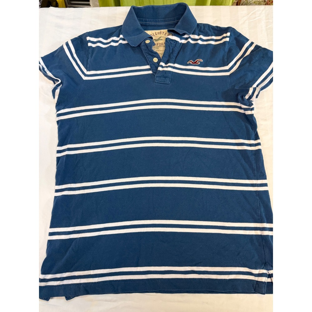 Y2K VTG Hollister Mens Blue White Striped Polo Shirt Short Sleeve College Preppy